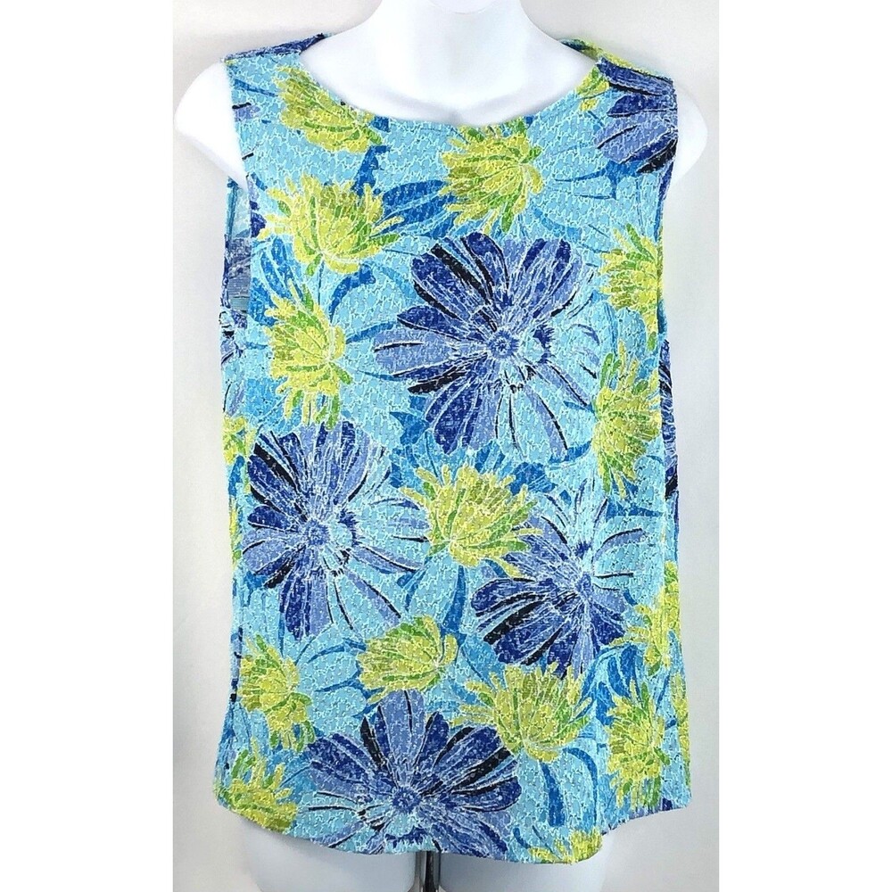 Vintage DressBarn Sleeveless mesh Lace Top Blue metallic Floral tropic Colorful